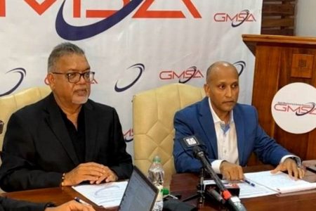GMSA President, Rafeek Khan (right) and Chairman of the Trade, Investment and Legal Committee of the GMSA, Ramesh Dookhoo at the press conference yesterday.
