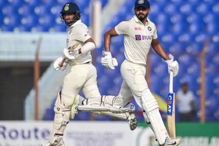 India’s Cheteshwar Pujara (left) and Shreyas Iyer shared a fifth wicket stand of 149 to rescue the tourists from initial top order collapse in the 1st Test against Bangladesh in Chittagong