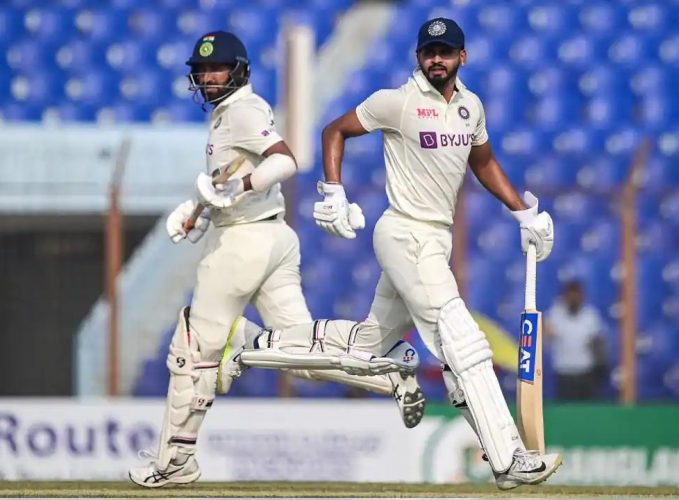 India’s Cheteshwar Pujara (left) and Shreyas Iyer shared a fifth wicket stand of 149 to rescue the tourists from initial top order collapse in the 1st Test against Bangladesh in Chittagong