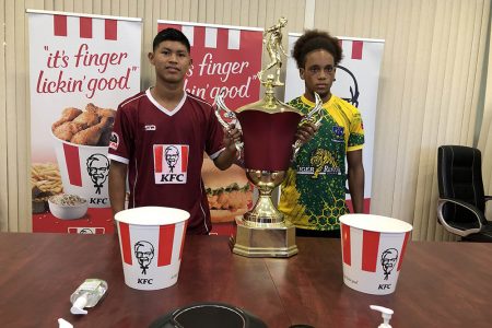 Leadership! The captains of St. Benedicts’ College Cunneilus Hannaway (right) and DC Caesar Fox Raydon Krammer will be expected to lead from the front in today’s final of the KFC Goodwill Schools Football Championship
