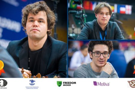 Magnus Carlsen (left) with Fabiano Caruana in foreground and Vincent Keymer (Photo: Lennart Ootes)