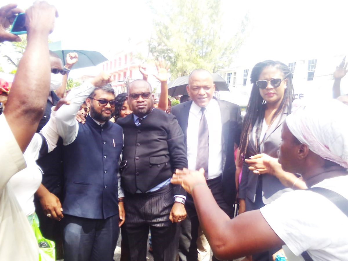 From left are: City Mayor, Ubraj Narine; Member of Parliament and lead attorney, Roysdale Forde SC; Member of Parliament Sherod Duncan and Amanza Walton-Desir after the court proceedings.