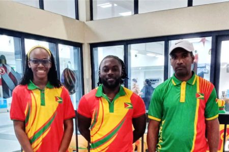 Pictured are Guyana’s representatives at the World Weightlifting Championships, Delice Adonis, Shammah Noel, and coach Sean Cozier.

