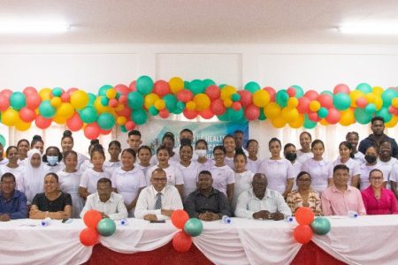 Minister of Health, Dr Frank Anthony (fifth from left) amongst other medical officials and the first batch of 45 nursing assistant students (Ministry of Health photo)