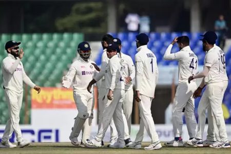 Several members of India celebrating after winning the 1st test against hosts Bangladesh by a 188 runs
