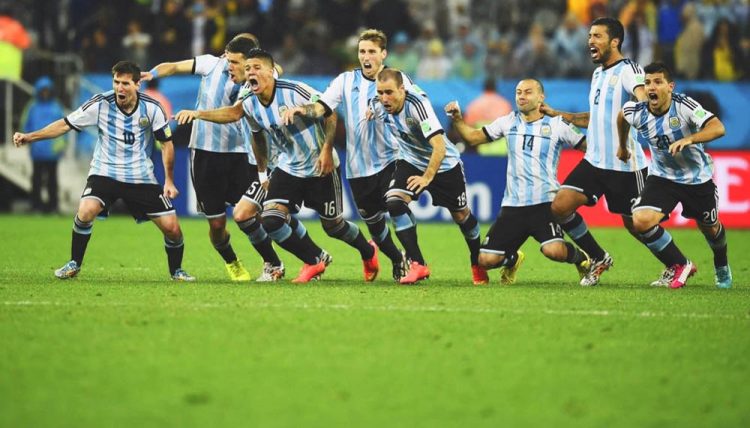 The Argentina players celebrate their penalty shootout win over the Netherlands.