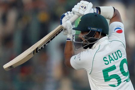 Pakistan’s Saud Shakeel plays a shot. REUTERS/Akhtar Soomro