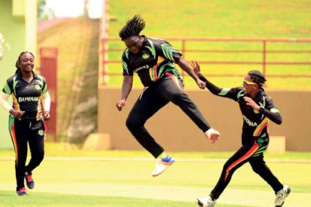 Some members of the Guyana Women’s team celebrating during their defeat of the Jamaica Women’s team.