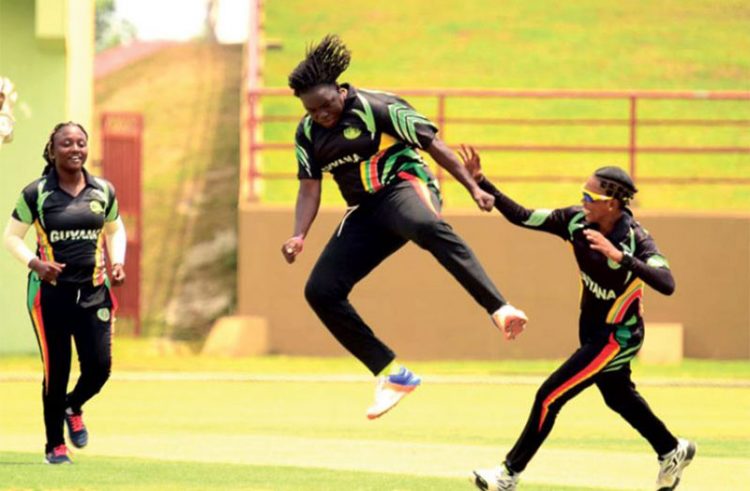 Some members of the Guyana Women’s team celebrating during their defeat of the Jamaica Women’s team.