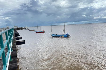 Boats in a line docked at the Leguan Ferry Stelling (David Papannah photo)