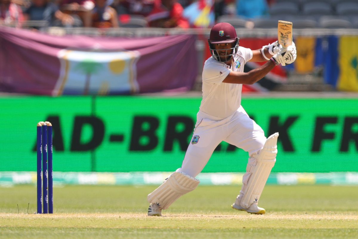 West Indies captain Kraigg Brathwaite on the go on the way to his 11th Test hundred on day four of the opening Test in Perth yesterday. (Photo Twitter)