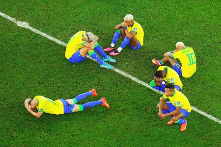  Brazil’s players are crestfallen after their defeat.