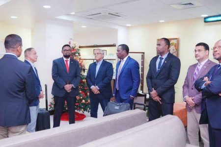 President Irfaan Ali (third from left) shared a brief moment with the Prime Minister of Belize, John Briceño (second from left), at the Grantley Adams International Airport in Bridgetown, Barbados, yesterday afternoon.President Ali is in Barbados to attend the 8th CARICOM-Cuba Summit and deliver remarks at a meeting of the Regional Security System (RSS), a statement from the Office of the President said.Minister of Foreign Affairs and International Cooperation, Hugh Todd; Guyana’s Ambassador to CARICOM, George Talbot; Director of National Intelligence and Security Administration, Col Omar Khan; Head of the Customs Anti Narcotic Unit, James Singh and Crime Chief, Wendell Blanhum are also a part of the delegation. (Office of the President photo)