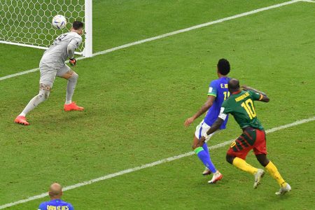 Cameroon’s Vincent Aboubakar scores their first goal REUTERS/Jennifer Lorenzini
