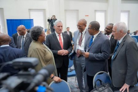 President Irfaan Ali yesterday  attended the 8th CARICOM-Cuba Summit at the Lloyd Erksine Sandiford Centre, Bridgetown, Barbados. At the opening ceremony, remarks were delivered by the President of Cuba, Miguel Díaz-Canel (second from left); the Prime Minister of the Republic of Barbados, Mia Amor Mottley and the President of the Republic of Suriname, Chandrikapersad Santokhi. (Office of the President photo)
