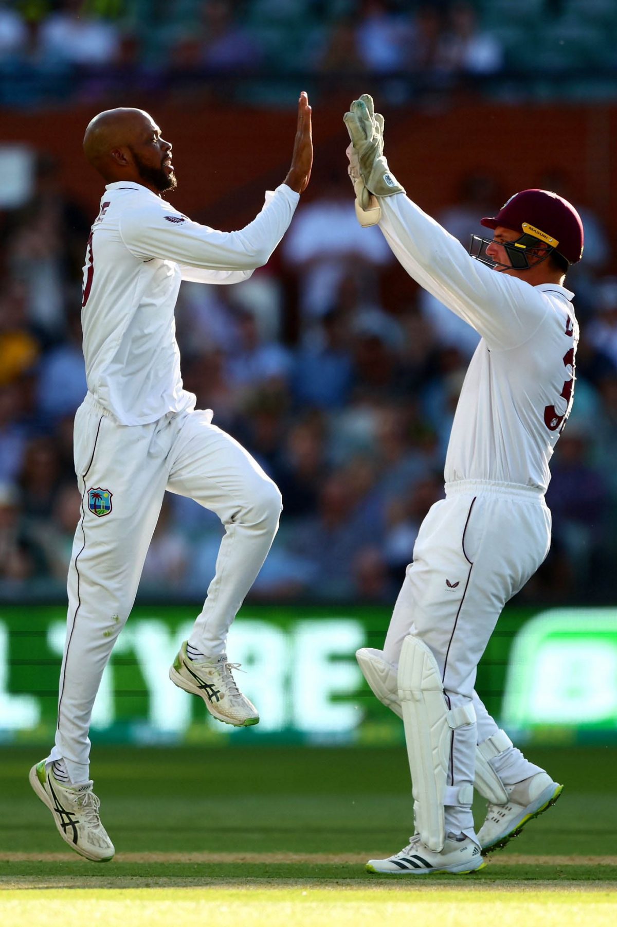  Roston Chase celebrates one of  his two quick wickets which briefly threatened the Australians supremacy. (Photos Cricket West Indies Twitter)