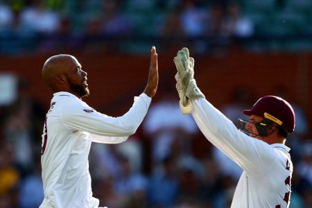  Roston Chase celebrates one of  his two quick wickets which briefly threatened the Australians supremacy. (Photos Cricket West Indies Twitter)