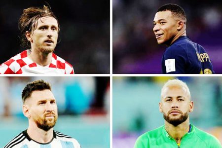 Top left: Luka Modrić of Croatia in action on Dec. 5 in Al Wakrah, Qatar. Bottom left: Lionel Messi of Argentina at Ahmad Bin Ali Stadium on Dec. 3 in Doha, Qatar. Top right: Kylian Mbappé of France celebrates after scoring a goal on Dec. 4 in Doha, Qatar. Bottom right: Neymar of Brazil on Dec. 5 in Doha, Qatar.  (Richard Heathcote/Getty Images; Tnani Badreddine/DeFodi Images via Getty Images; Francois Nel/Getty Images; Mohammad Karamali/DeFodi Images via Getty Images) 