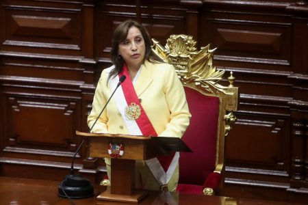 Peru's Vice President Dina Boluarte, who was called on by Congress to take the office of president after the legislature approved the removal of President Pedro Castillo in an impeachment trial, attends her swearing-in ceremony in Lima, Peru December 7, 2022. REUTERS/Sebastian Castaneda
