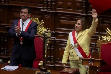 Peru’s Vice President Dina Boluarte, who was called on by Congress to take the office of president after the legislature approved the removal of President Pedro Castillo in an impeachment trial, attends her swearing-in ceremony in Lima, Peru December 7, 2022. REUTERS/Sebastian Castaneda