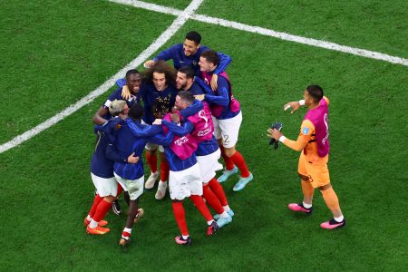 Soccer Football - FIFA World Cup Qatar 2022 - Semi Final - France v Morocco - Al Bayt Stadium, Al Khor, Qatar - December 14, 2022 France players celebrate after the match as France progress to the final REUTERS/Fabrizio Bensch