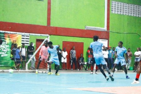 A scene from the men’s final between Bent Street (red) and Future Stars in the MVP Sports Futsal Championships.