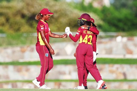 West Indies skipper Hayley Matthews celebrates her caught and bowled dismissal of Charlie Dean (not in picture).
(Photo courtesy Twitter)