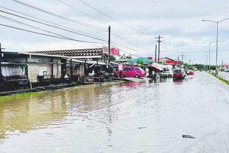 Flooding along the roadway in front of the Hydronie market on the East Bank of the Essequibo yesterday afternoon. 
Some late shoppers could not gain access from the front entrance because of the flood.