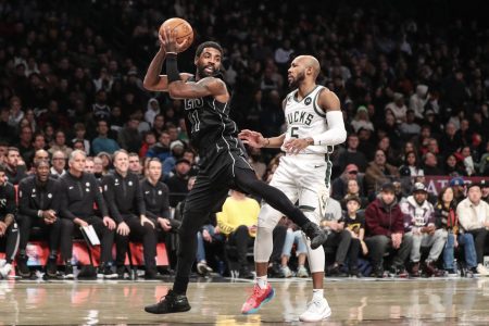 Kyrie Irving during the second half of the Brooklyn Nets encounter against the Milwaukee Bucks Friday night. Photo courtesy USA Today.
