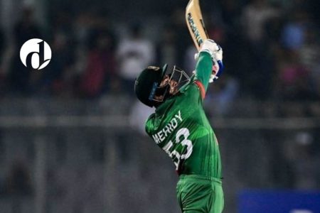 Bangladesh’s Mehidy Hasan Miraz made a swashbuckling unbeaten 38.

