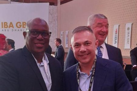 President of the Guyana Boxing Association Steve Ninvalle, left, with former undisputed world boxing champion Kostya Tszyu in Abu Dhabi at the IBA’s Global Boxing Forum.
