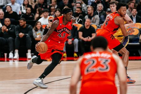 Toronto Raptors’ Pascal Siakam drives en route to scoring two of his 52 points Thursday night.
