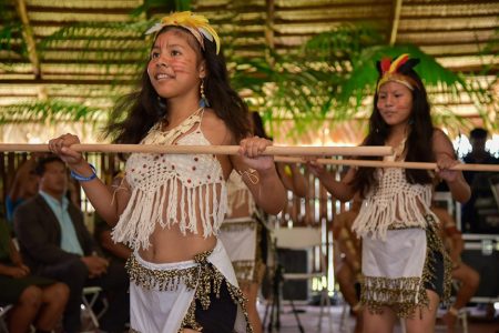 Members of Akawaio dance troupe ‘Riverside Angels’ at the launch of Indigenous Heritage Month 2019 at the Indigenous Village, Sophia. (Department of Public Information photo)