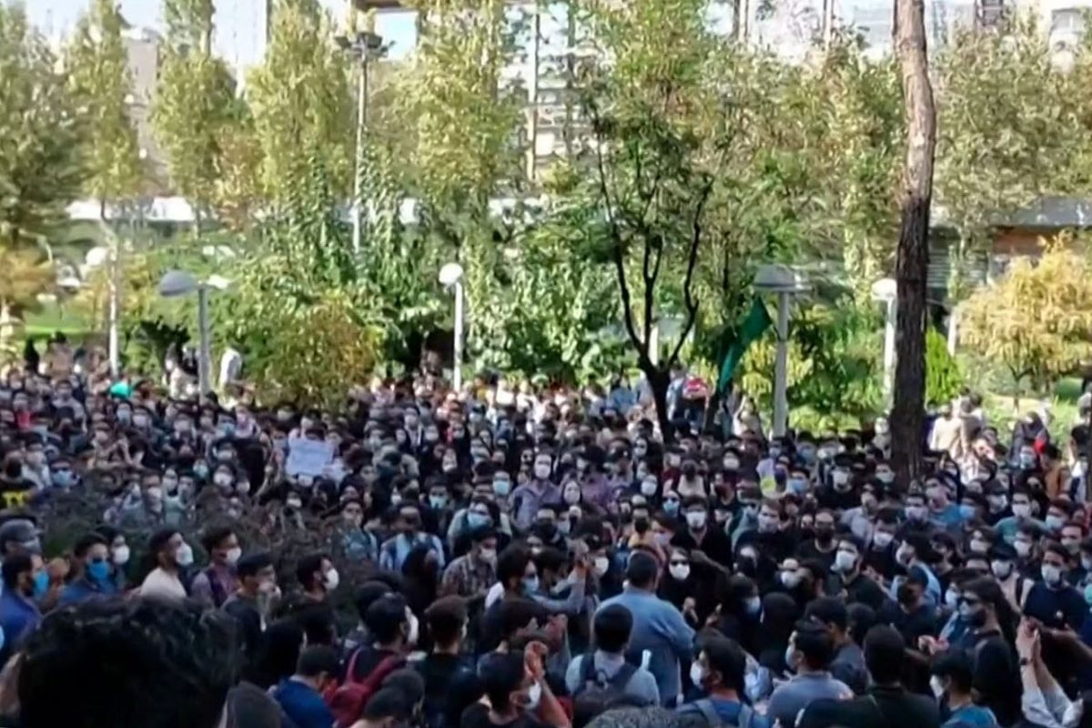 This screengrab from a video shows Iranian students chanting slogans as they protest at Tehran’s Amirkabir University of Technology on October 10, 2022 AFP