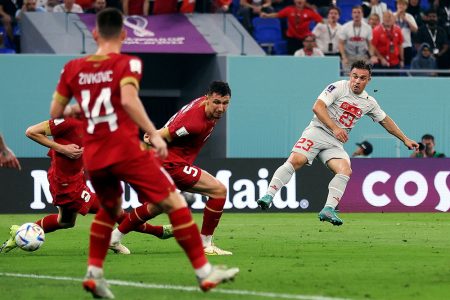 Switzerland’s Xherdan Shaqiri scores their first goal REUTERS/Carl Recine
