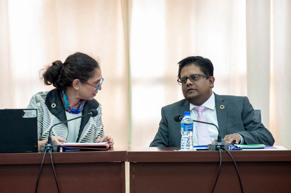 Senior Minister in the Office of the President with responsibility for Finance, Dr  Ashni Singh (right) and United Nations Resident Coordinator,  Yeşim Oruç at the meeting. (Ministry of Finance photo)