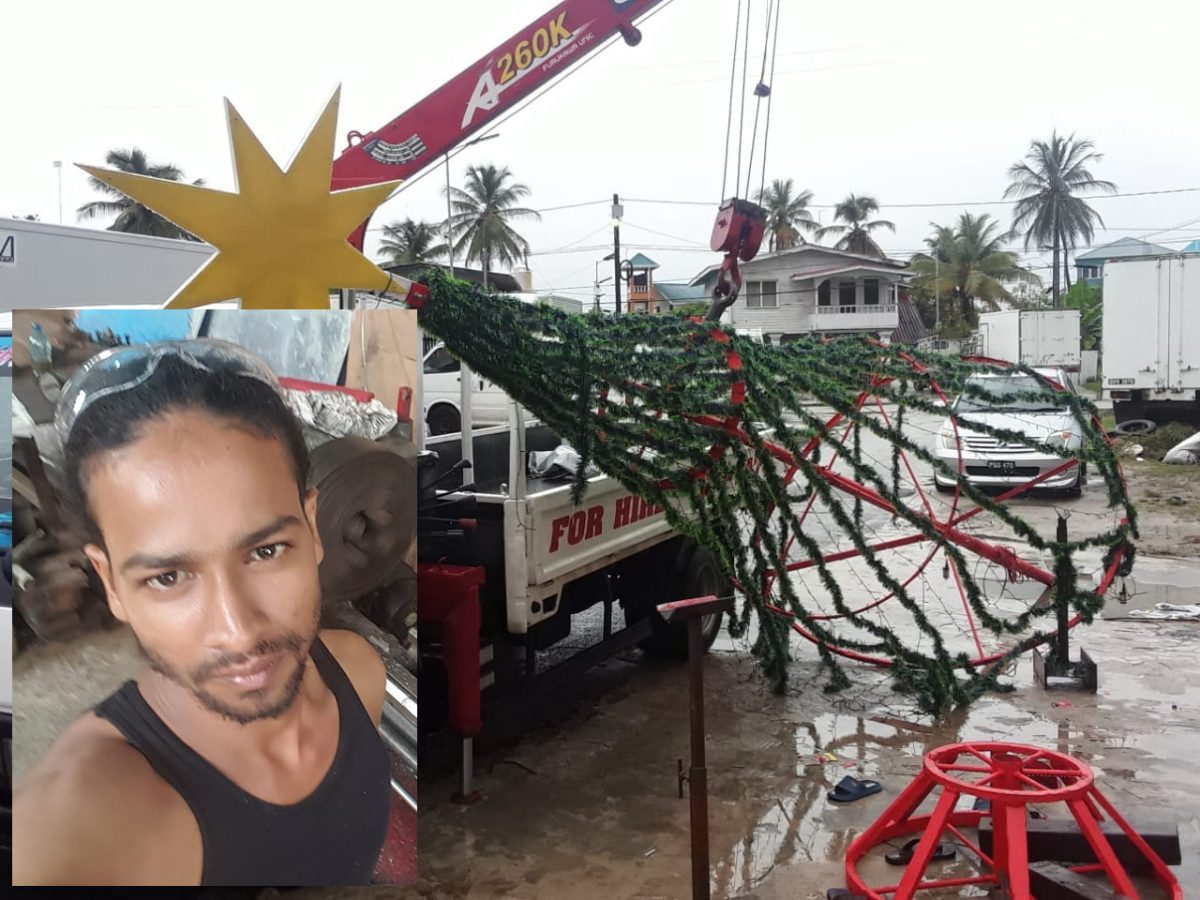The Christmas tree that was being erected. Inset is the deceased, Deepak Ramdeen