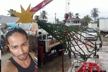 The Christmas tree that was being erected. Inset is the deceased, Deepak Ramdeen