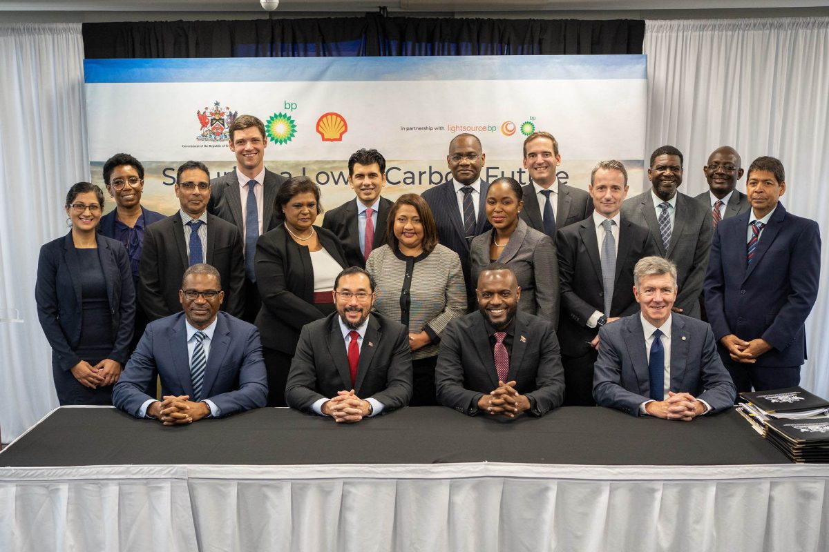 Seated from left are Euguene Okpere, Senior Vice President and Country Chair, Shell Trinidad and Tobago, Stuart Young, Minister of Energy and Energy Industries, Marvin Gonzales, Minister of Public Utilities, David Campbell, president, bpTT. Standing are representatives from Shell, bpTT, Lightsource bp, Ministries of Energy and Public Utilities and the T&T Electricity Commission (T&TEC).