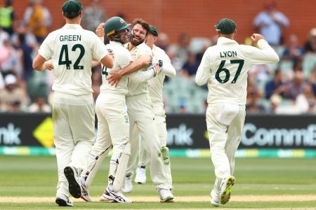 The Australian players celebrate their second test defeat of the West Indies on yesterday’s fourth day. (Photo courtesy Cricket Australia)
