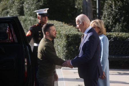 U.S. President Joe Biden and first lady Jill Biden welcome Ukraine's President Volodymyr Zelenskiy on the South Lawn at the White House in Washington, U.S., December 21, 2022. REUTERS/Leah Millis