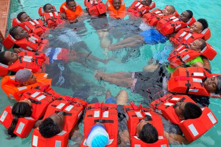 Trainees from one of the MATPAL marine Institute Inc programmes involved in a water training practical exercise 
