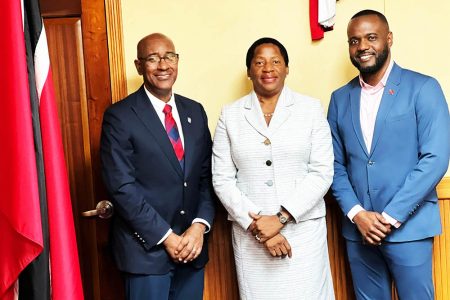 Executive director of the Inter-American Development Bank Robert Le Hunte, left, met with Minister of Planning and Development Pennelope Beckles and Public Utilities Minister Marvin Gonzales on Monday to discuss the progress of a recently approved loan to transform the operations of the Water and Sewerage Authority.