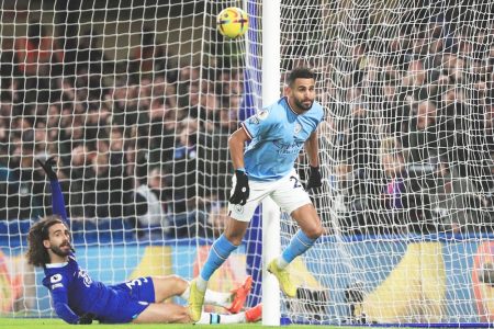 Riyad Mahrez of Manchester City racing away to celebrate after scoring what proved to be the winner against Chelsea