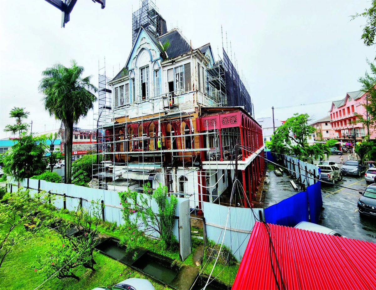 
The ongoing renovation of City Hall.  The government is financing the $780m rehabilitation. The Irfaan Ali-led government signed a $780m contract with the Trinidadian company
Fides Ltd in September of 2021. (Photo from Mayor Ubraj Narine’s Facebook page) 