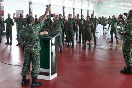 Chief of Staff (ag) of the Guyana Defence Force, Brigadier Godfrey Bess yesterday decorated 31 newly promoted Warrant Officers and Senior Non-Commissioned Officers with their new badges of rank, during a ceremony at the auditorium, Base Camp Ayanganna.
This batch is among the more than 700 Other Ranks whose promotions took effect from January 1, 2023. This GDF photo shows a toast at the ceremony.
