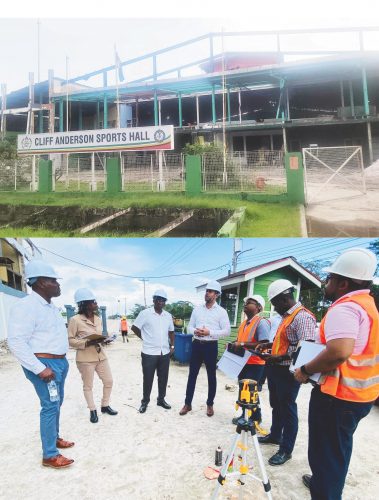 Minister of Culture, Youth and Sport Charles Ramson Jnr., third from right, looks at the Cliff Anderson Sports Hall, above, which is undergoing rehabilitation works to the tune of approximately $130m.