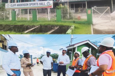 Minister of Culture, Youth and Sport Charles Ramson Jnr., third from right, looks at the Cliff Anderson Sports Hall, above, which is undergoing rehabilitation works to the tune of approximately $130m.