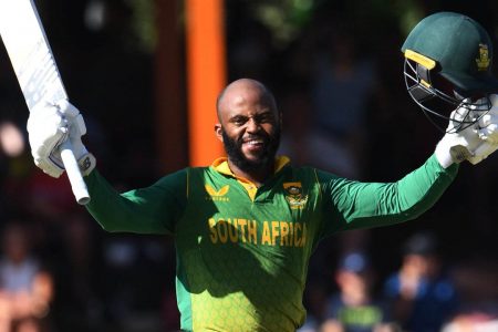 South Africa skipper Temba Bavuma celebrates his century.