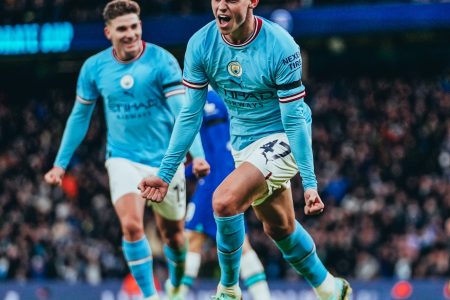 Phil Foden, 47,  celebrates scoring Manchester City’s third goal.
